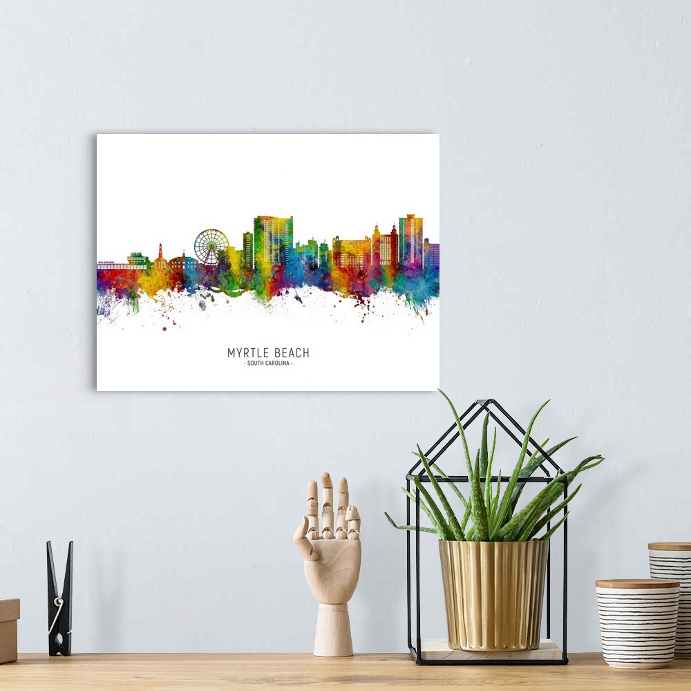 A bohemian room featuring Watercolor art print of the skyline of Myrtle Beach, South Carolina, United States