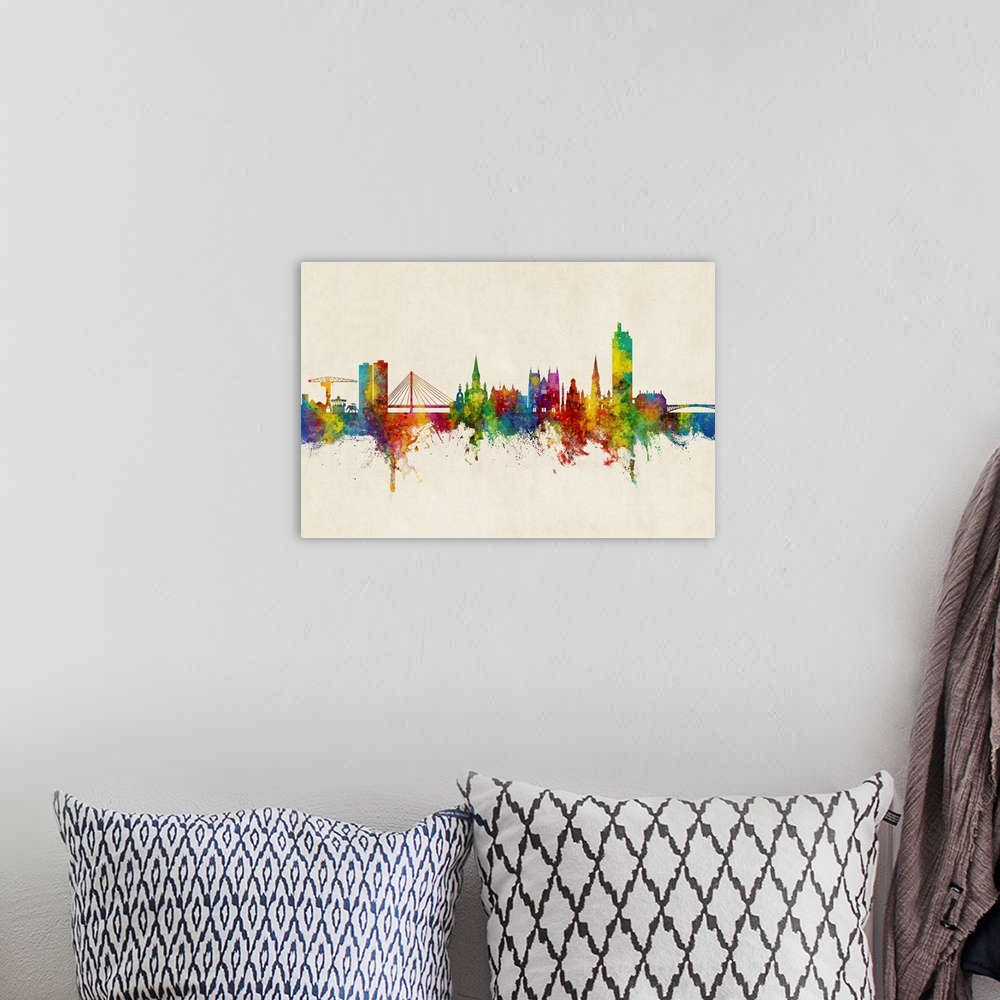 A bohemian room featuring Watercolor art print of the skyline of Nantes, France