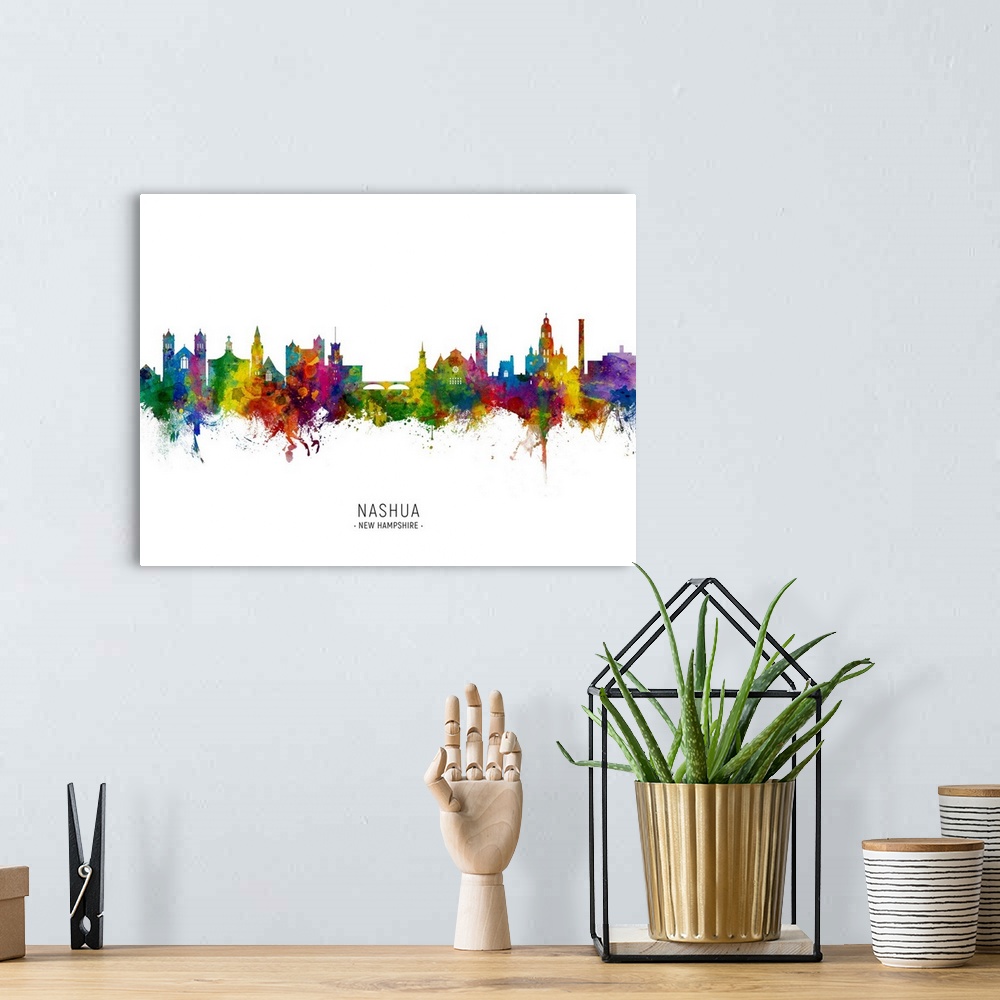 A bohemian room featuring Watercolor art print of the skyline of Nashua, New Hampshire