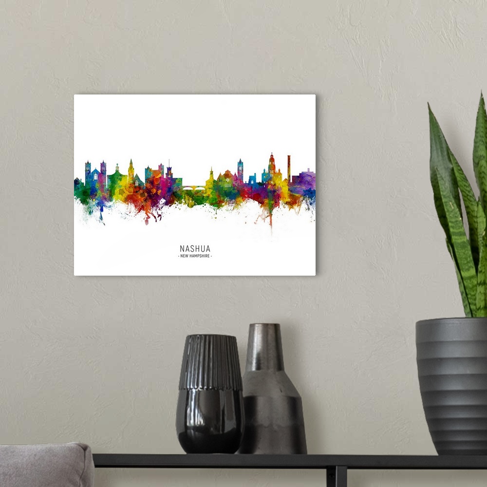 A modern room featuring Watercolor art print of the skyline of Nashua, New Hampshire