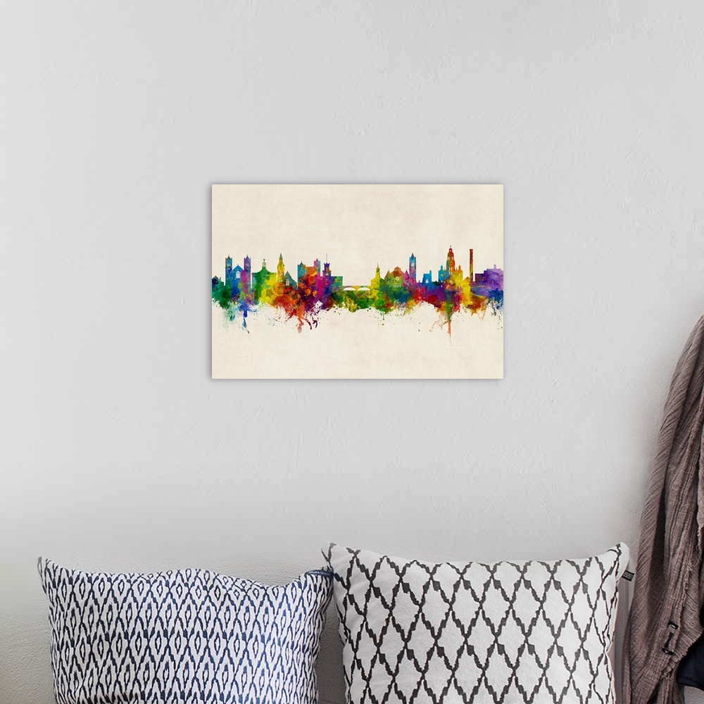 A bohemian room featuring Watercolor art print of the skyline of Nashua, New Hampshire