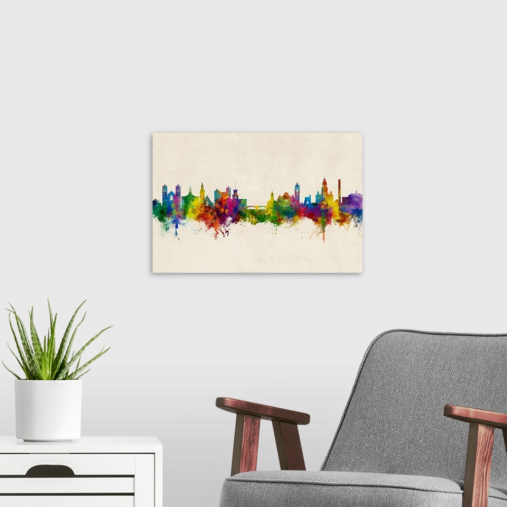 A modern room featuring Watercolor art print of the skyline of Nashua, New Hampshire