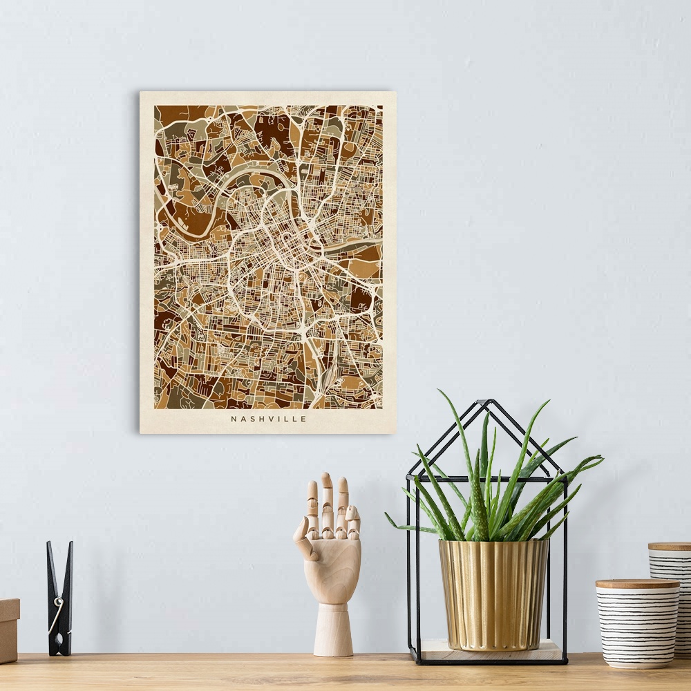 A bohemian room featuring A street map of Nashville, Tennessee, United States.
