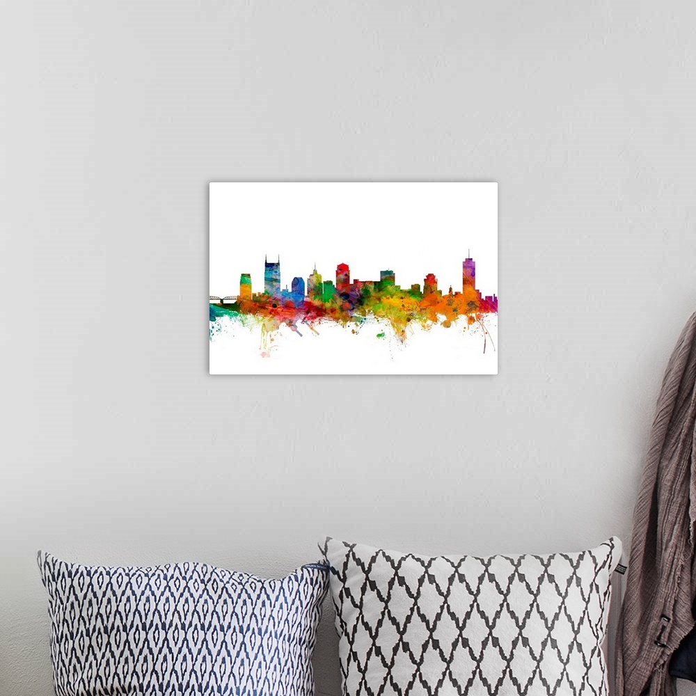 A bohemian room featuring Watercolor artwork of the Nashville skyline against a white background.