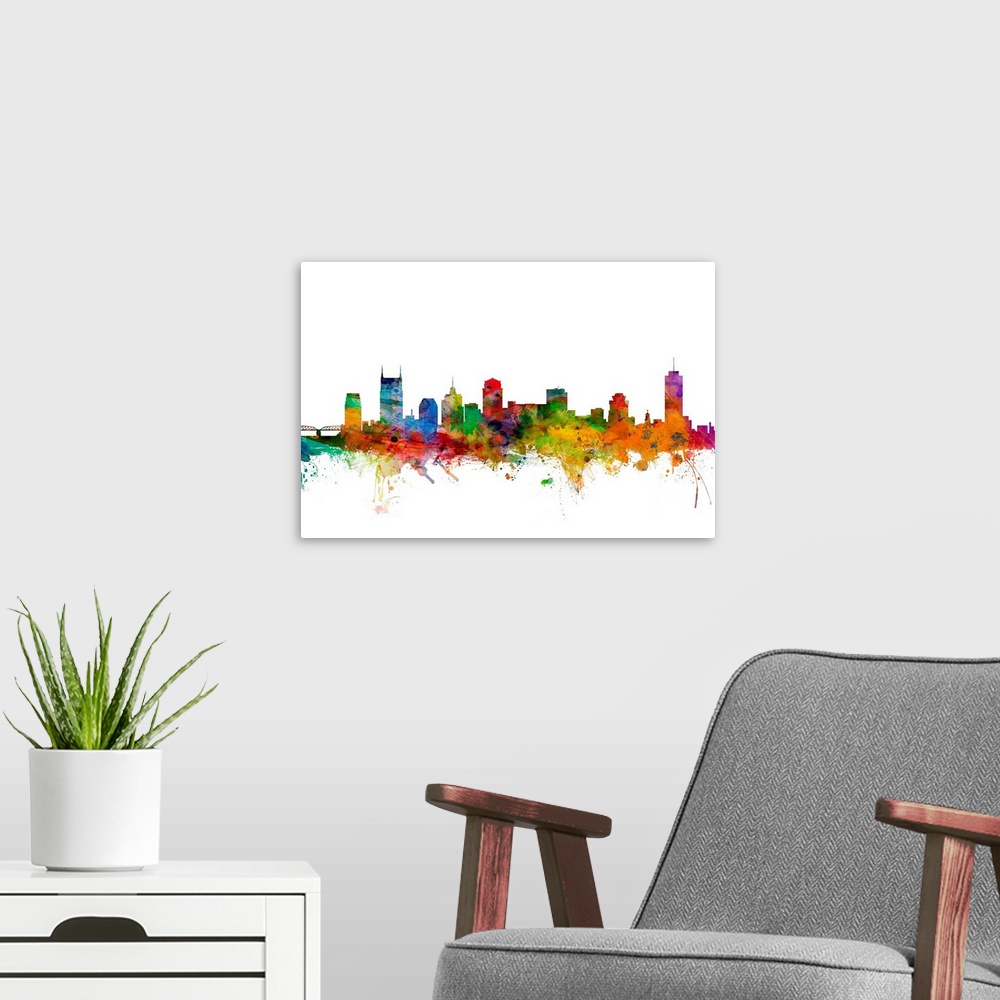 A modern room featuring Watercolor artwork of the Nashville skyline against a white background.
