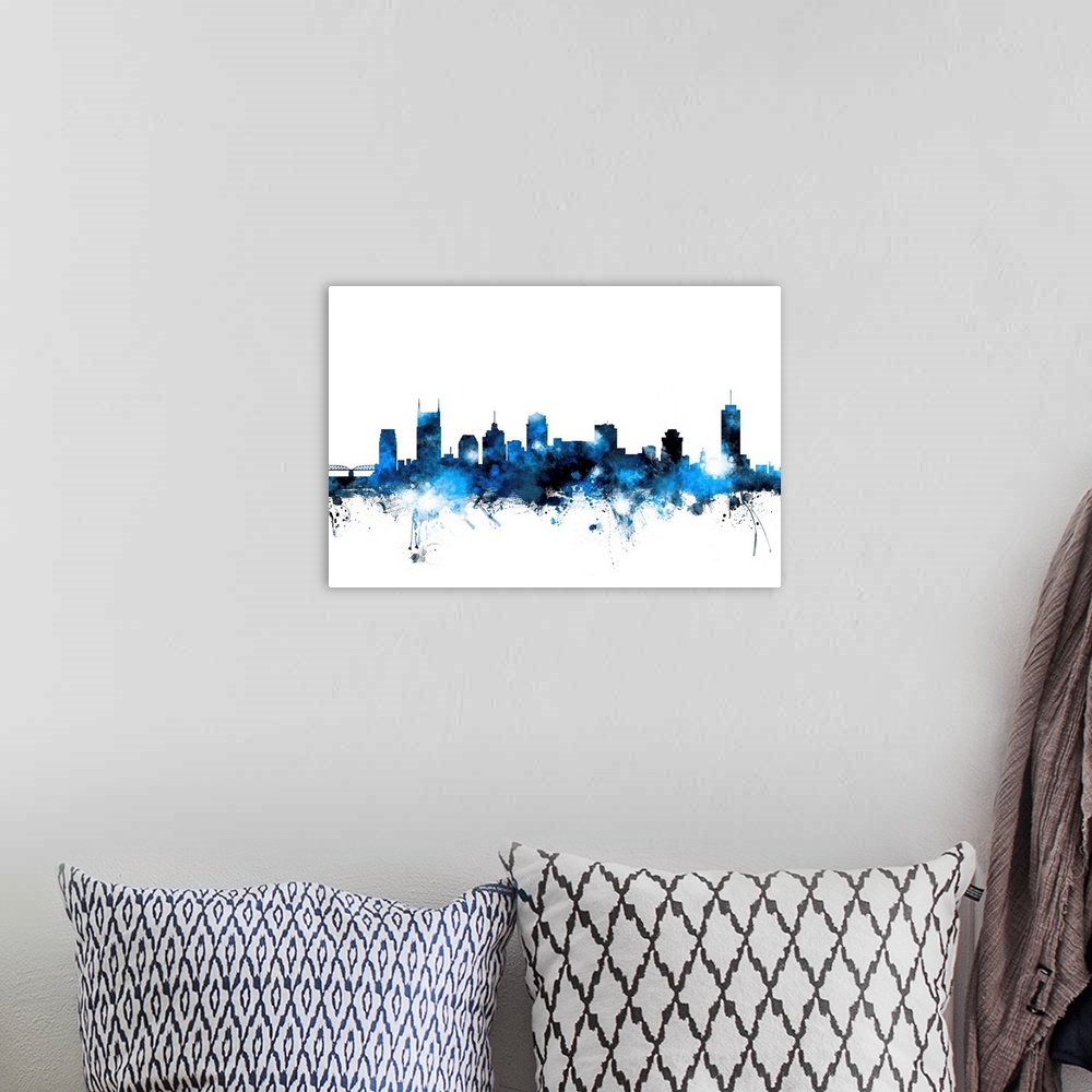 A bohemian room featuring Blue watercolor silhouette of the Nashville city skyline.