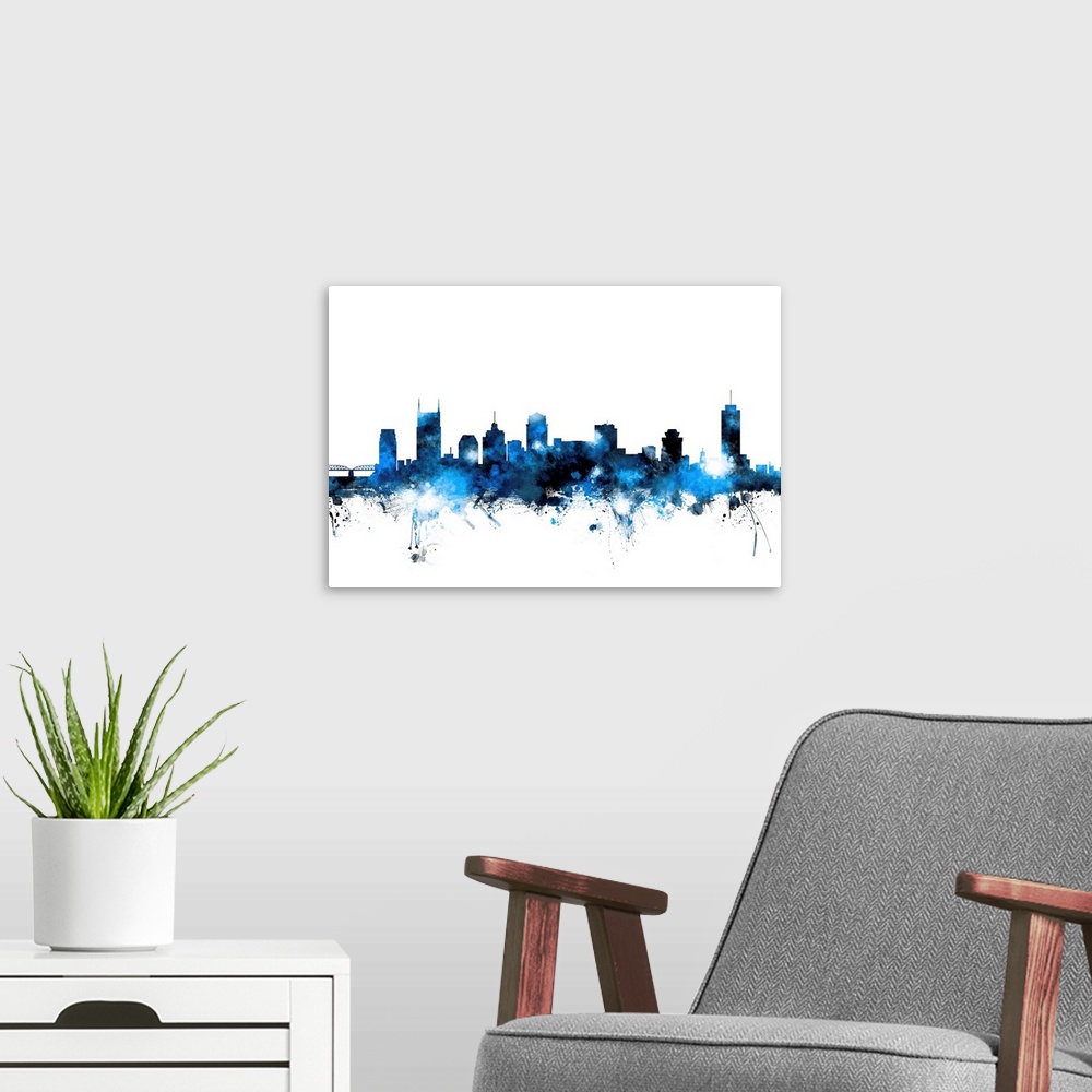 A modern room featuring Blue watercolor silhouette of the Nashville city skyline.