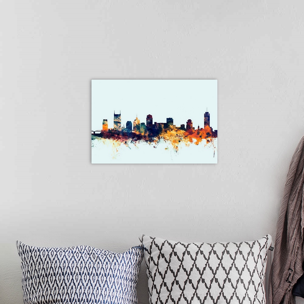 A bohemian room featuring Dark watercolor silhouette of the Nashville city skyline against a light blue background.