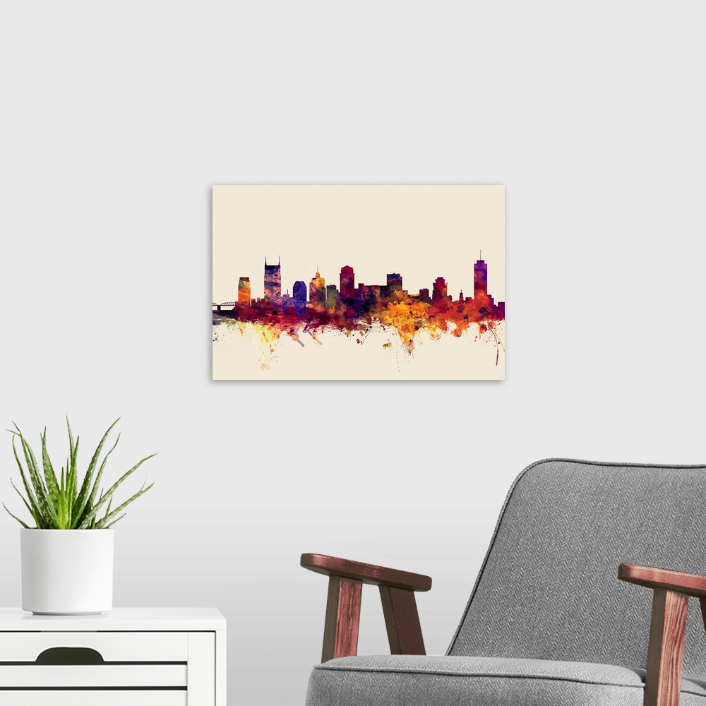 A modern room featuring Dark watercolor splattered silhouette of the Nashville city skyline.