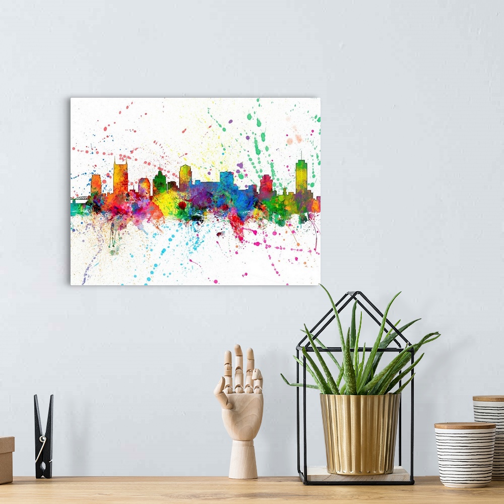 A bohemian room featuring Wild and vibrant paint splatter silhouette of the Nashville skyline.