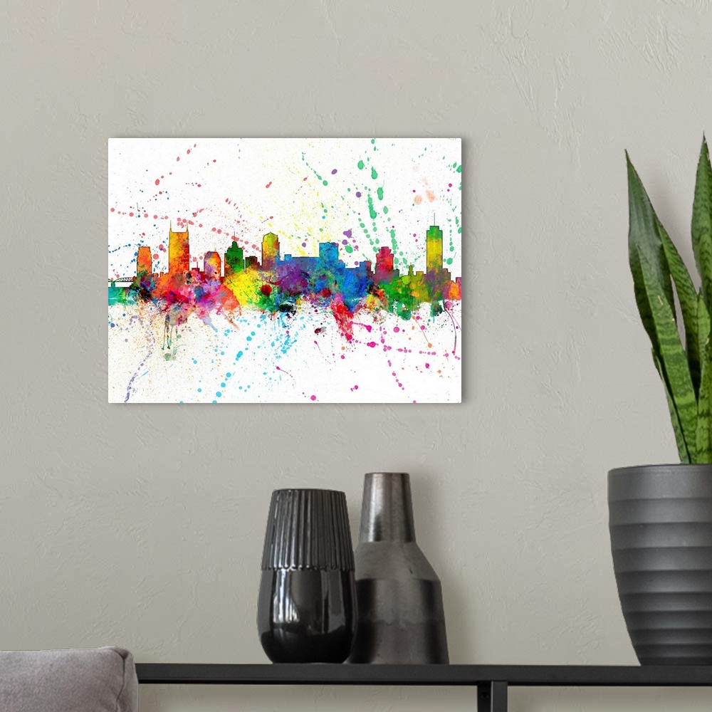 A modern room featuring Wild and vibrant paint splatter silhouette of the Nashville skyline.