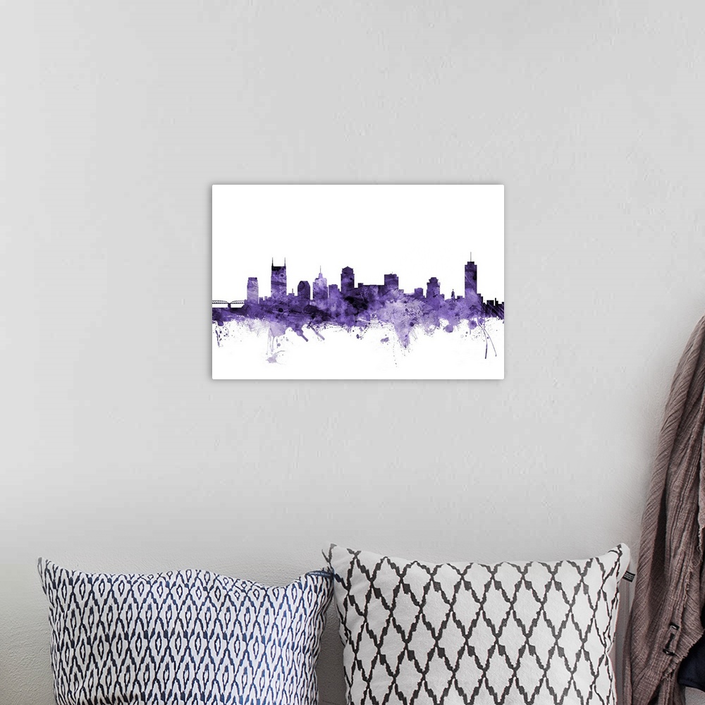 A bohemian room featuring Watercolor art print of the skyline of Nashville, Tennessee, United States