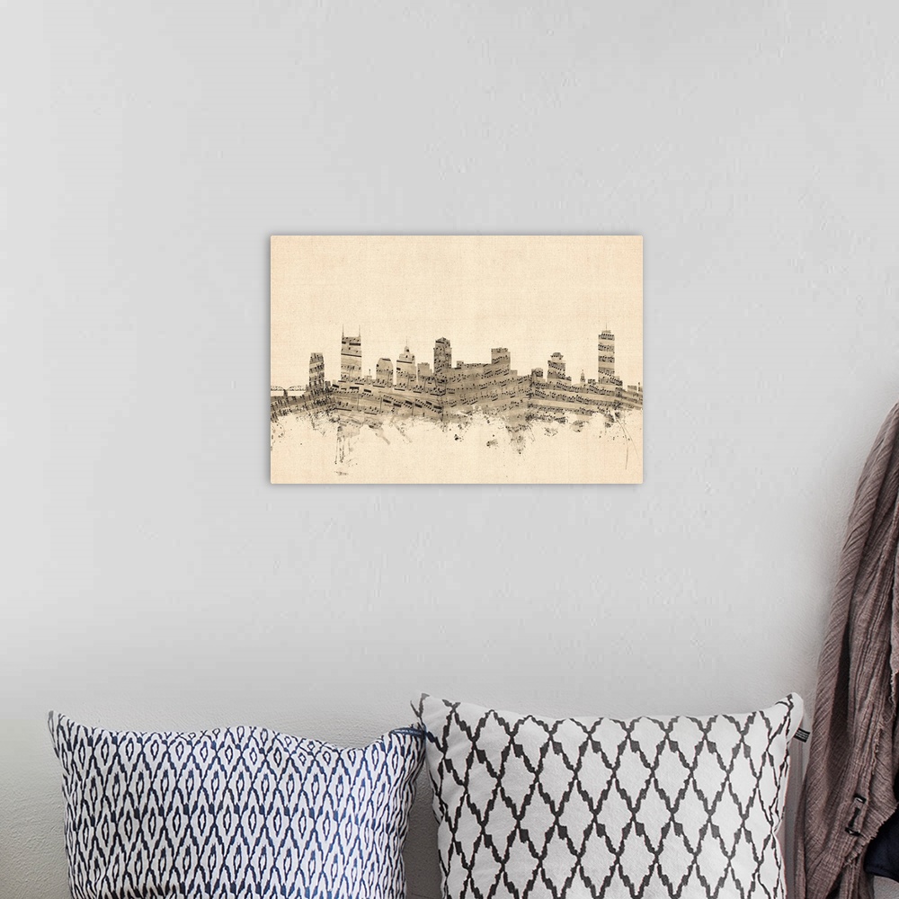 A bohemian room featuring Sheet Music art print of the skyline of Nashville, Tennessee, United States.