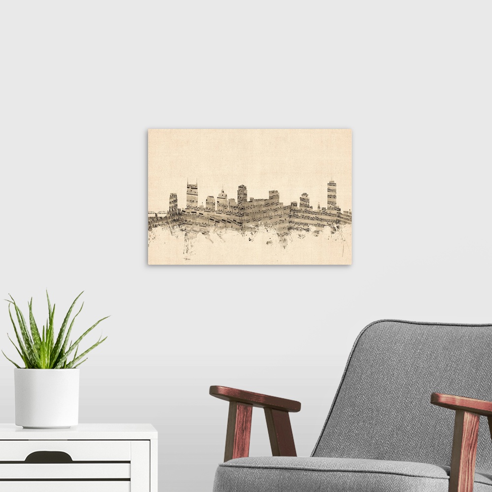 A modern room featuring Sheet Music art print of the skyline of Nashville, Tennessee, United States.