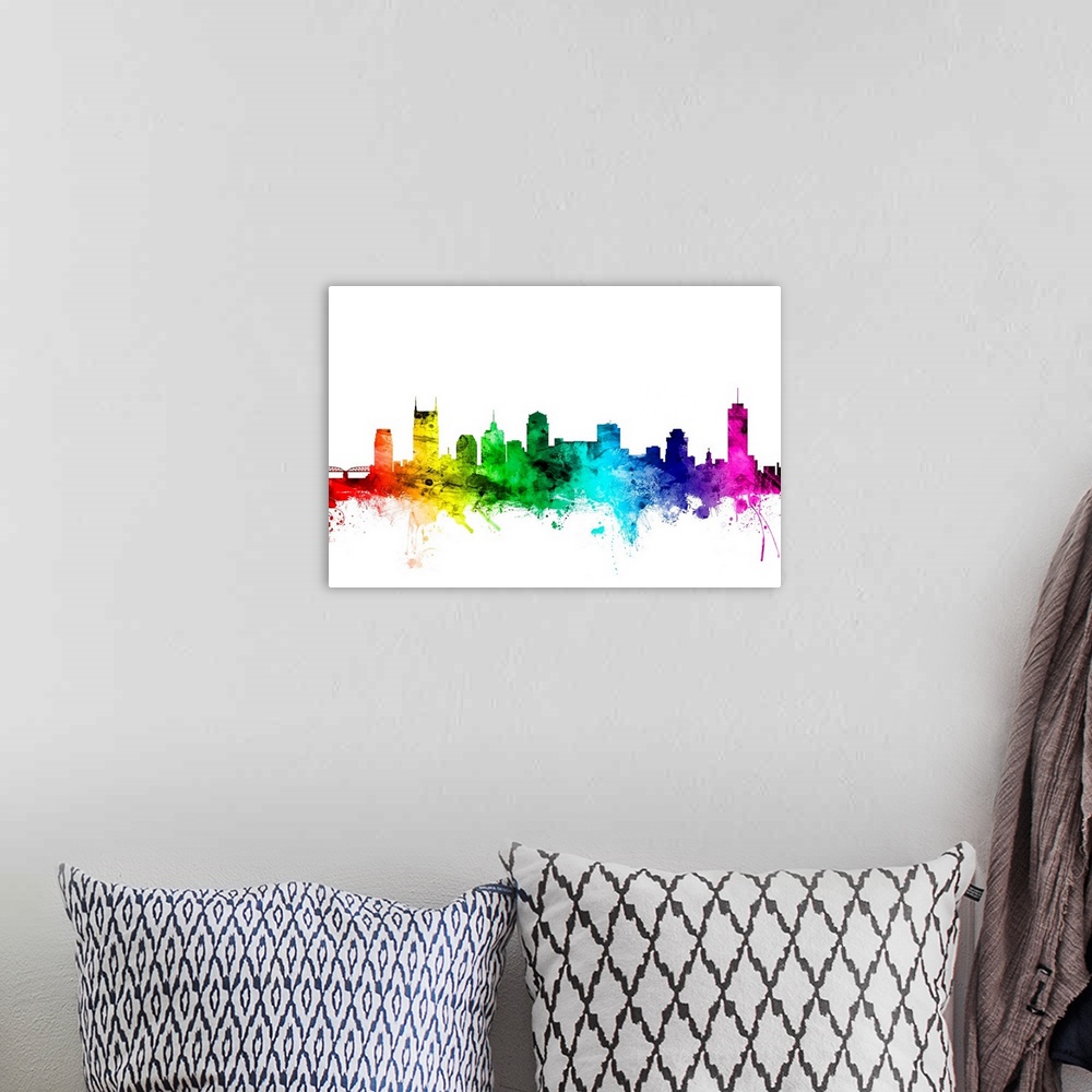 A bohemian room featuring Watercolor art print of the skyline of Nashville, Tennessee, United States.