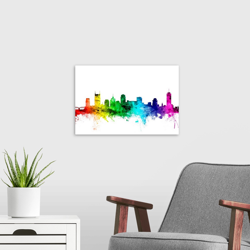 A modern room featuring Watercolor art print of the skyline of Nashville, Tennessee, United States.