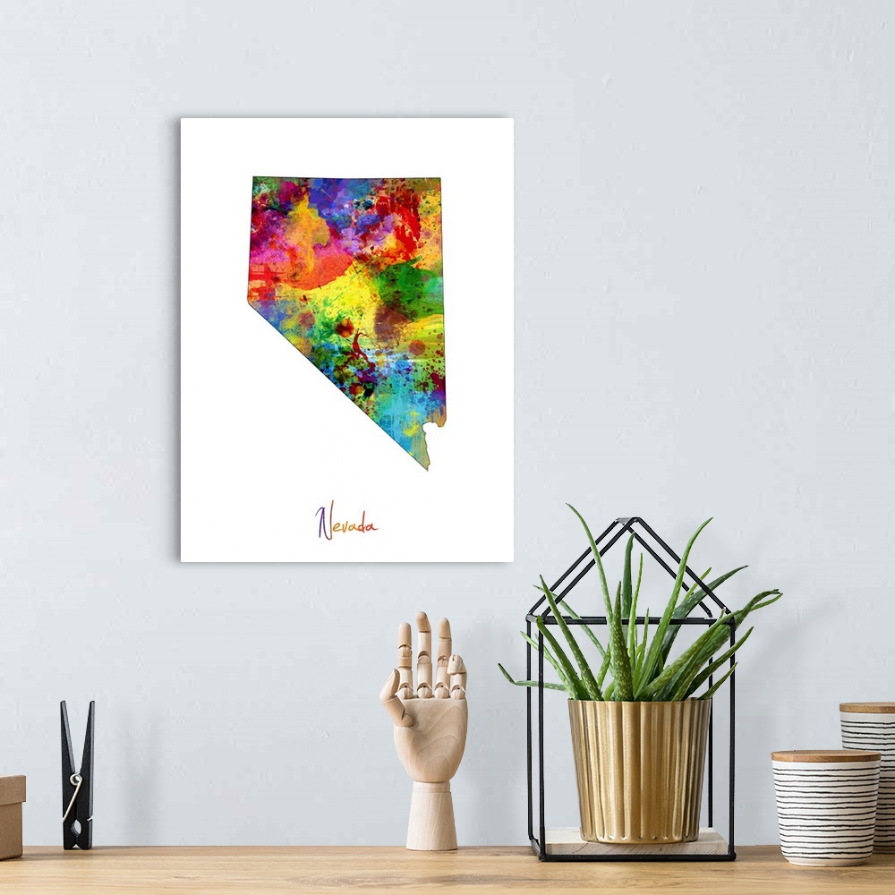 A bohemian room featuring Contemporary artwork of a map of Nevada made of colorful paint splashes.