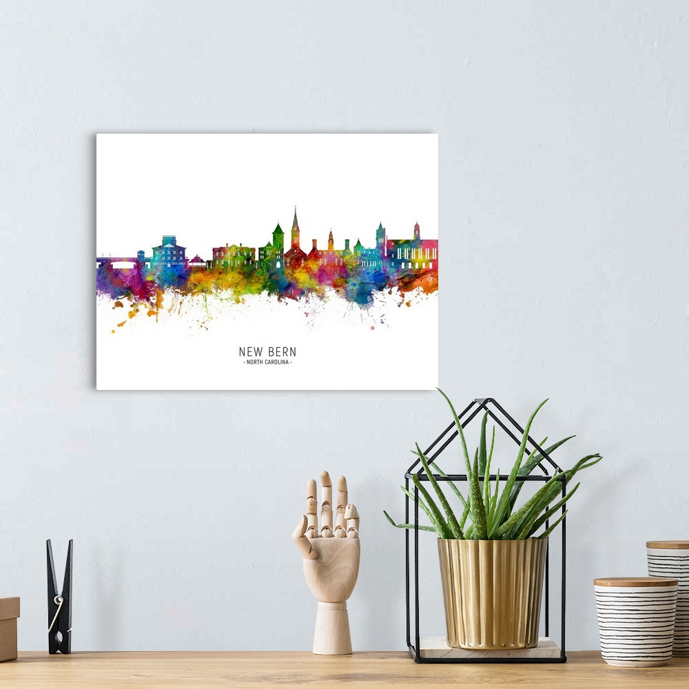 A bohemian room featuring Watercolor art print of the skyline of New Bern, North Carolina, United States