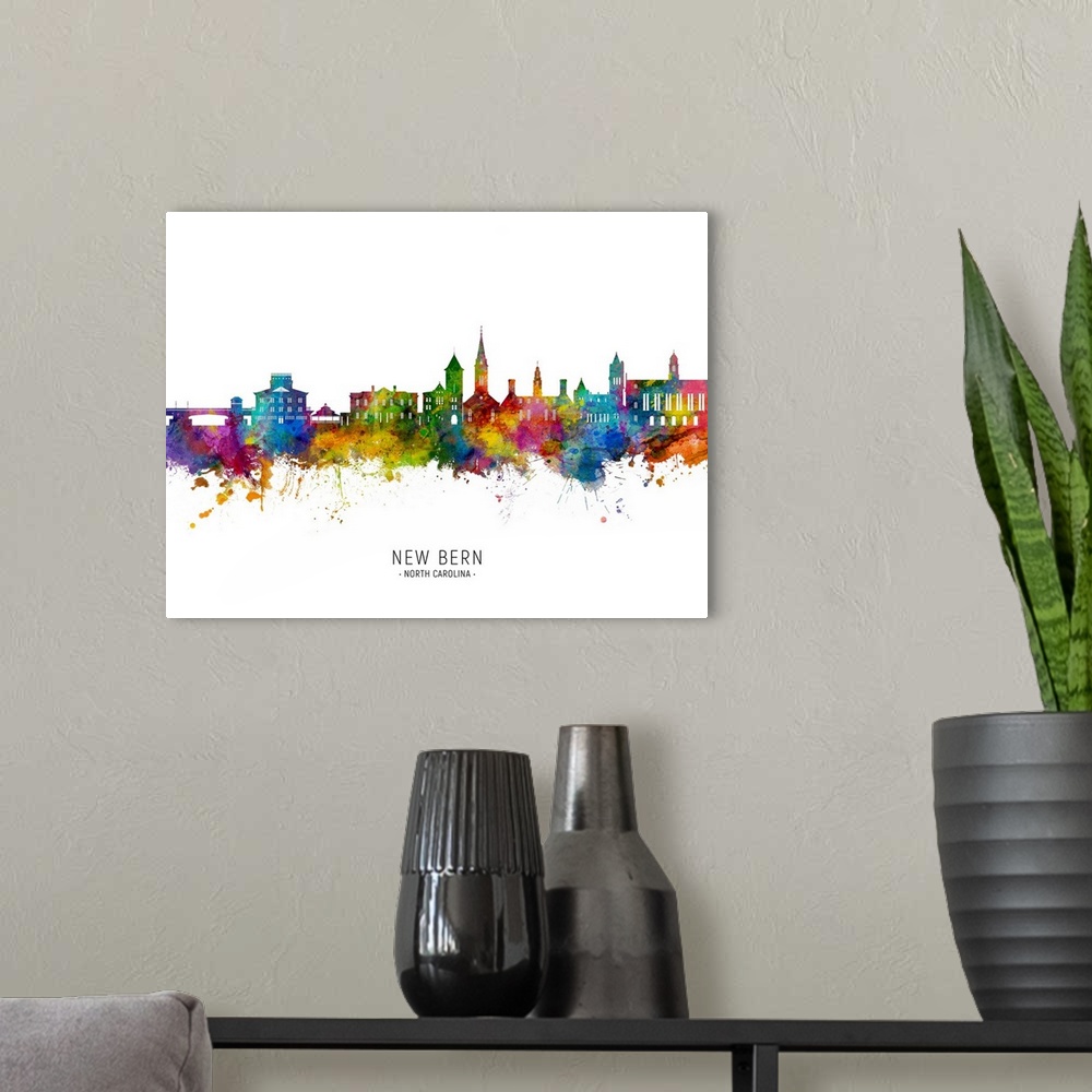 A modern room featuring Watercolor art print of the skyline of New Bern, North Carolina, United States
