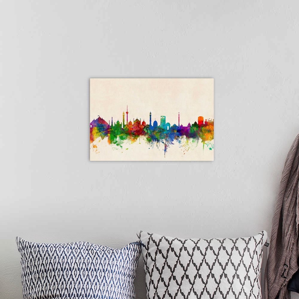 A bohemian room featuring A splattered and splashed watercolor silhouette of the New Delhi city skyline against a distresse...