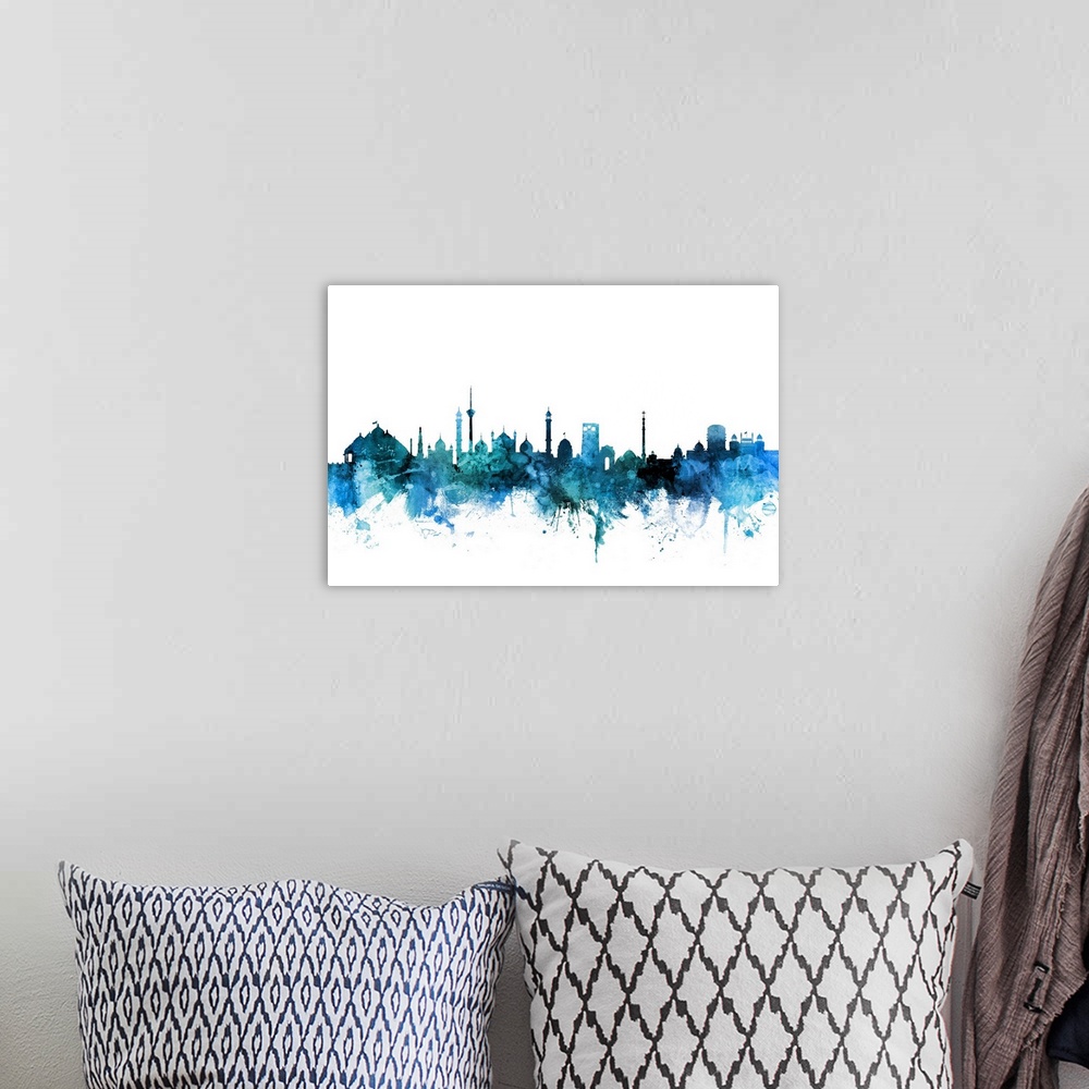 A bohemian room featuring Watercolor art print of the skyline of New Delhi, India.