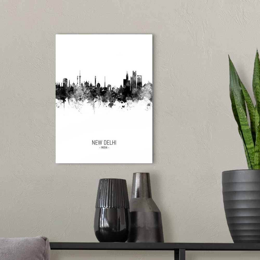 A modern room featuring Watercolor art print of the skyline of New Delhi, India