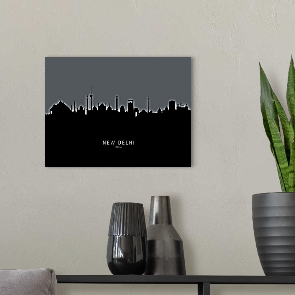 A modern room featuring Skyline of New Delhi, India.