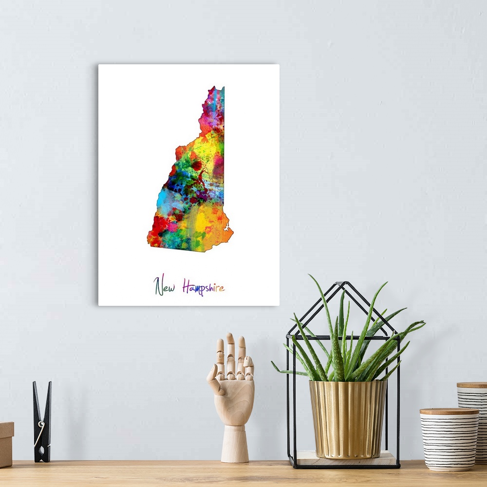 A bohemian room featuring Contemporary artwork of a map of New Hampshire made of colorful paint splashes.