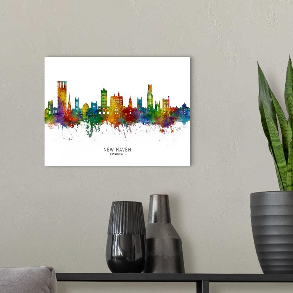 A modern room featuring Watercolor art print of the skyline of New Haven, Connecticut York
