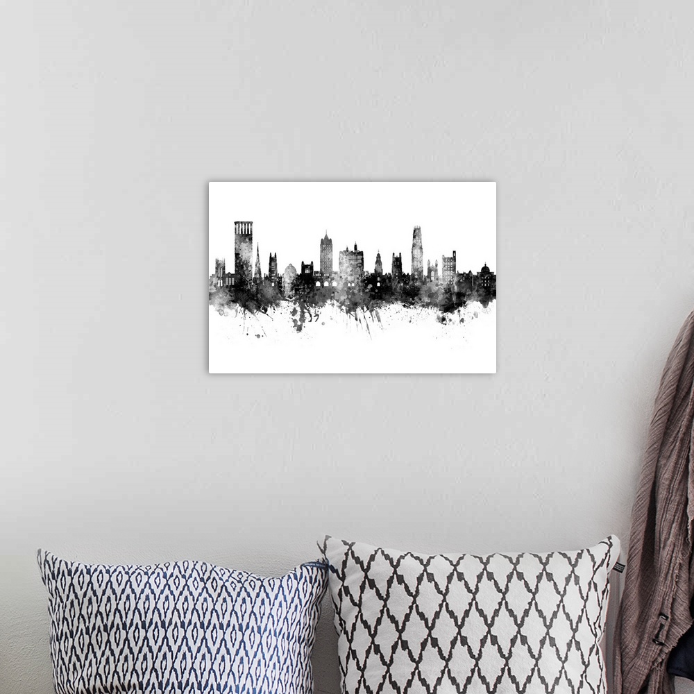 A bohemian room featuring Watercolor art print of the skyline of New Haven, Connecticut York