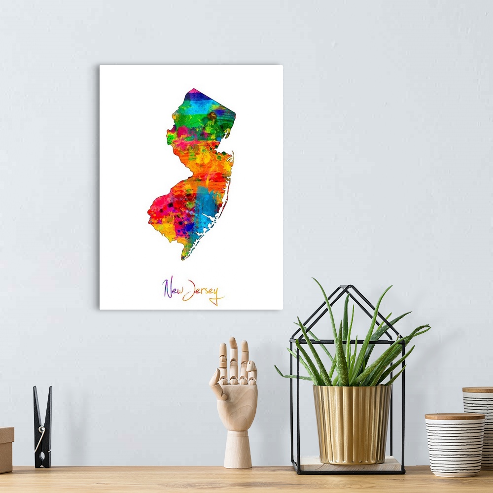 A bohemian room featuring Contemporary artwork of a map of New Jersey made of colorful paint splashes.