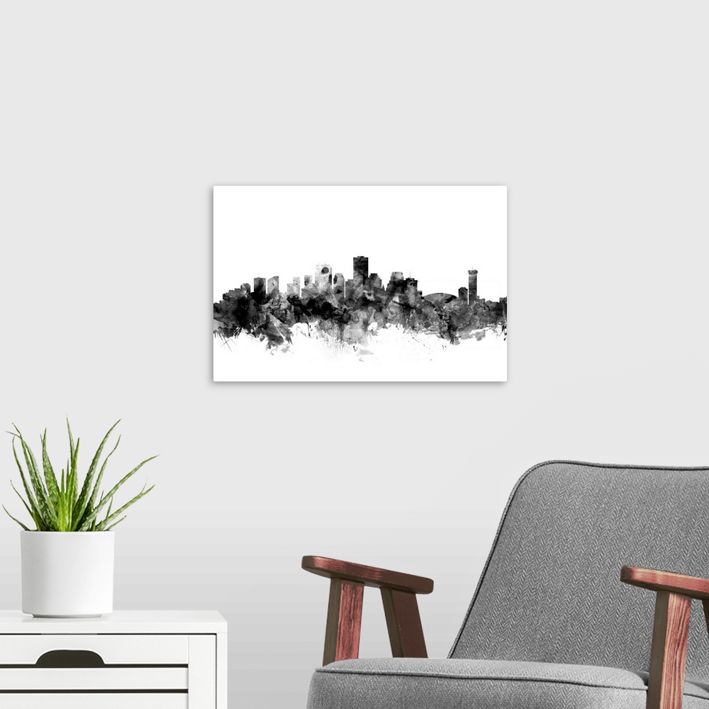 A modern room featuring Smokey dark watercolor silhouette of the New Orleans city skyline.