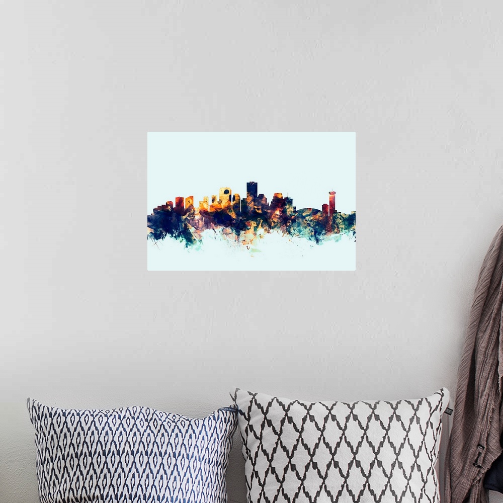 A bohemian room featuring Dark watercolor silhouette of the New Orleans city skyline against a light blue background.