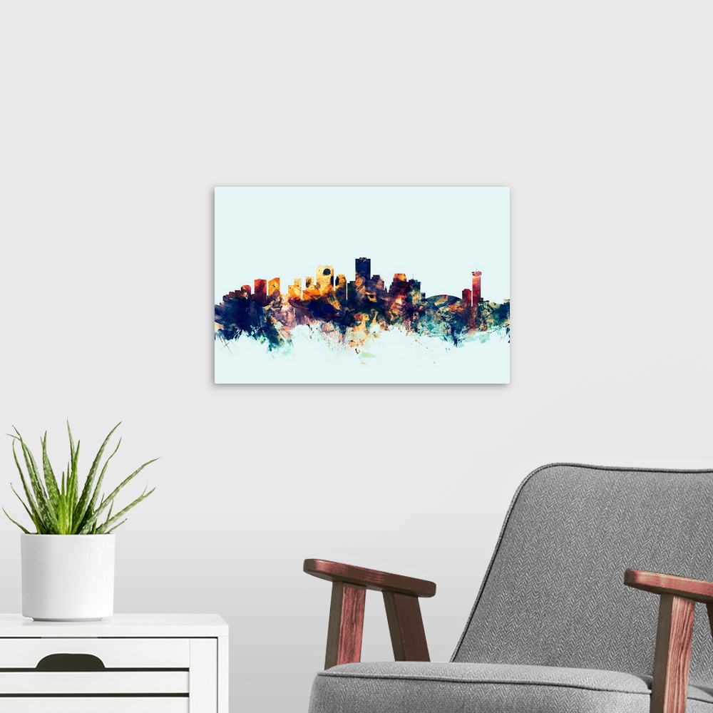 A modern room featuring Dark watercolor silhouette of the New Orleans city skyline against a light blue background.