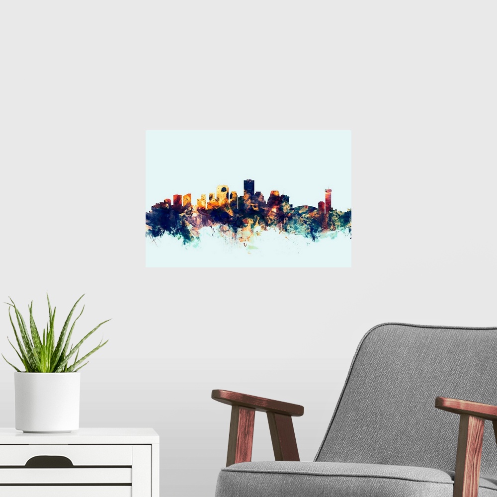 A modern room featuring Dark watercolor silhouette of the New Orleans city skyline against a light blue background.