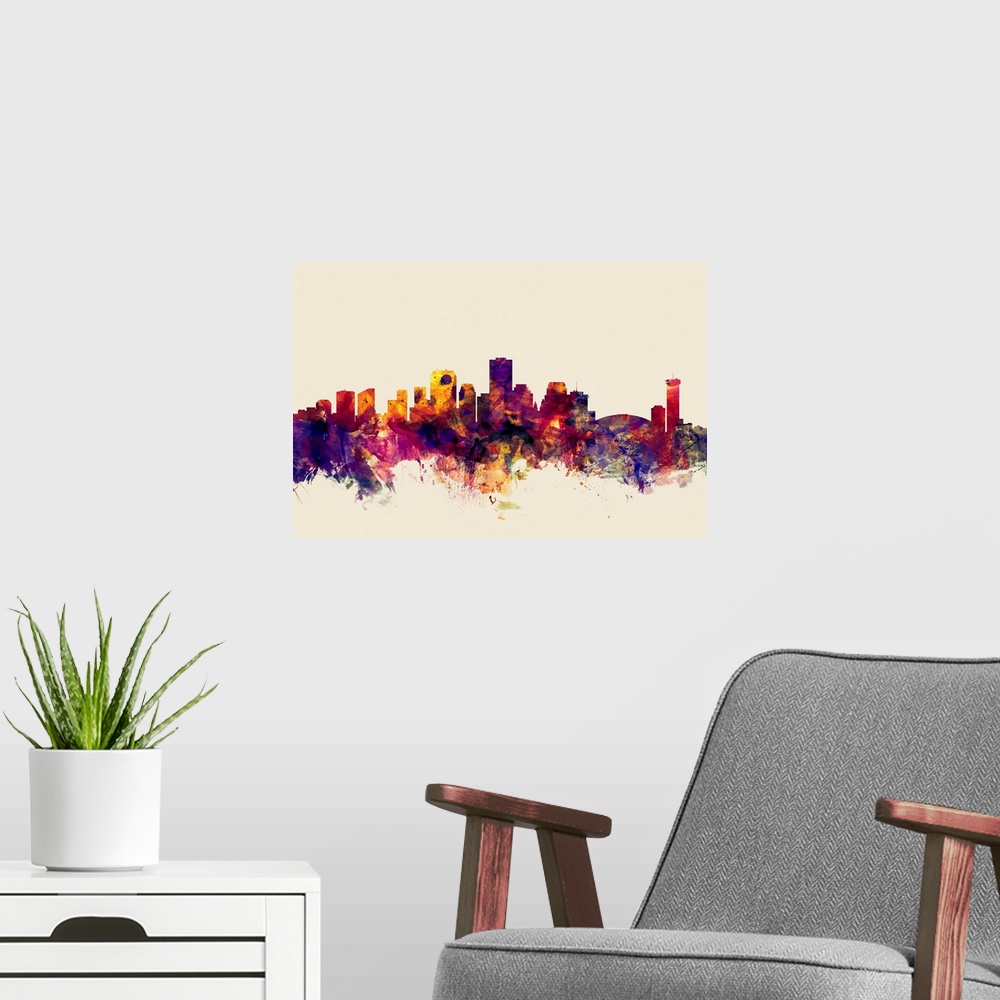 A modern room featuring Dark watercolor splattered silhouette of the New Orleans city skyline.