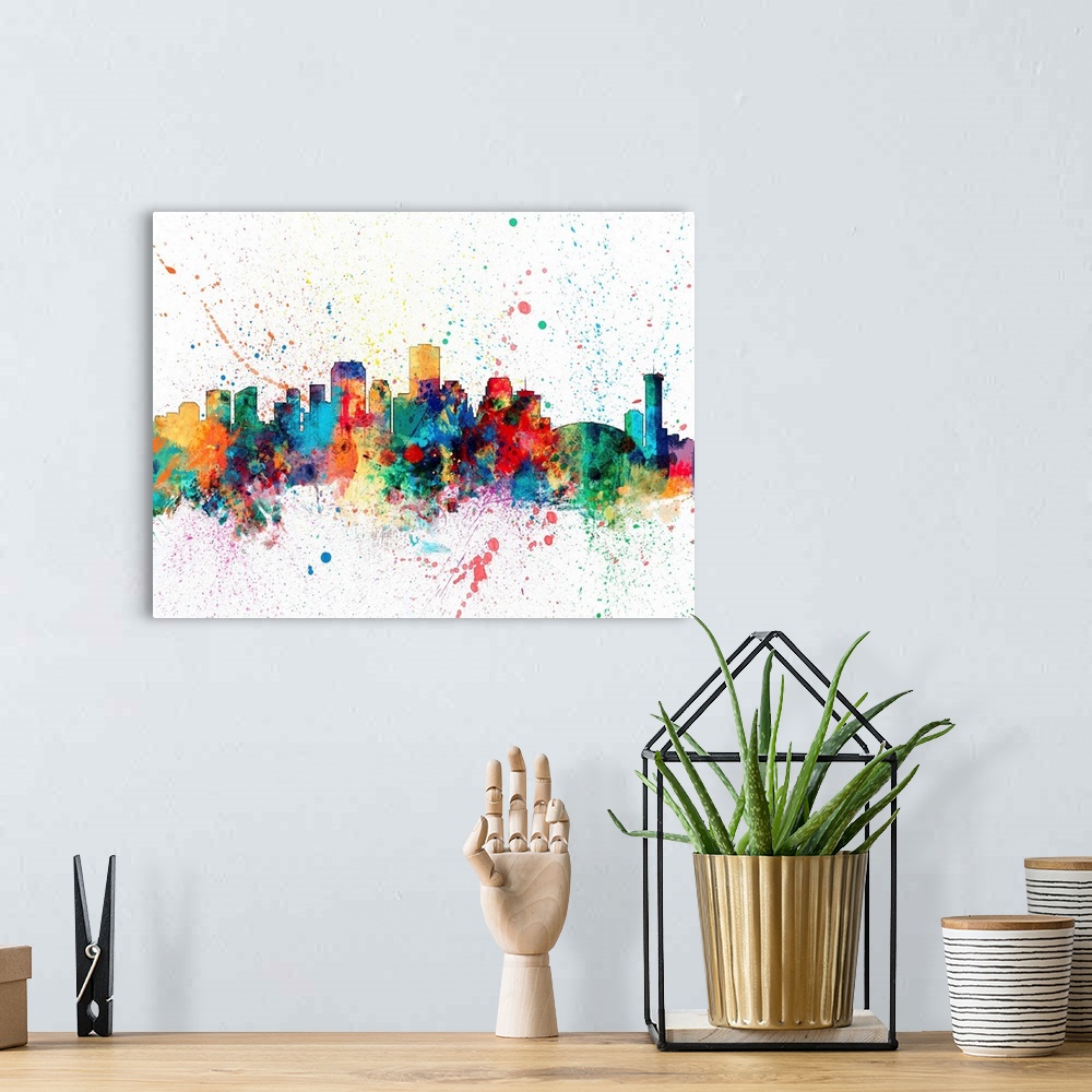 A bohemian room featuring Wild and vibrant paint splatter silhouette of the New Orleans skyline.