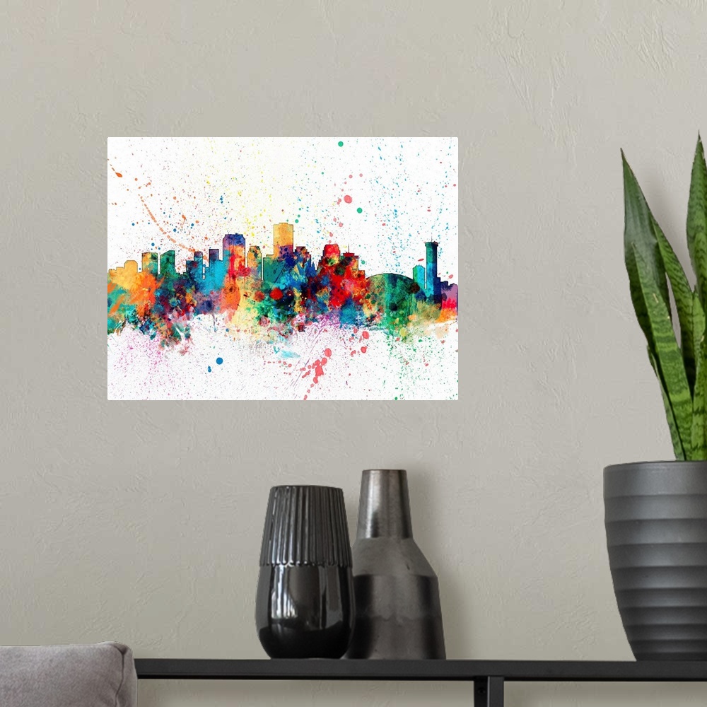A modern room featuring Wild and vibrant paint splatter silhouette of the New Orleans skyline.