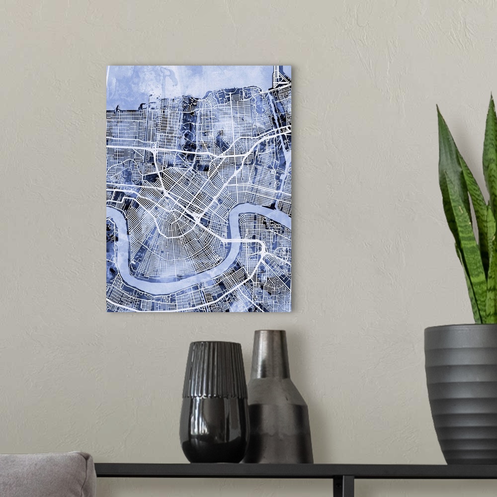A modern room featuring Contemporary watercolor city street map of New Orleans.
