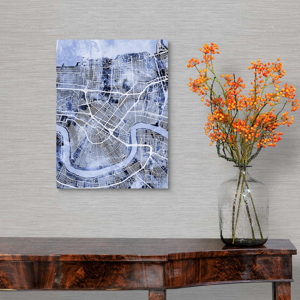 A traditional room featuring Contemporary watercolor city street map of New Orleans.