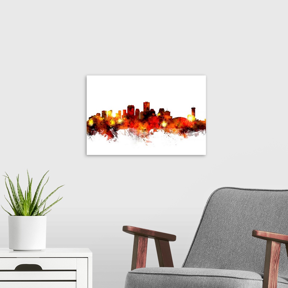 A modern room featuring Red, yellow, orange, and black abstract skyline of New Orleans, Louisiana