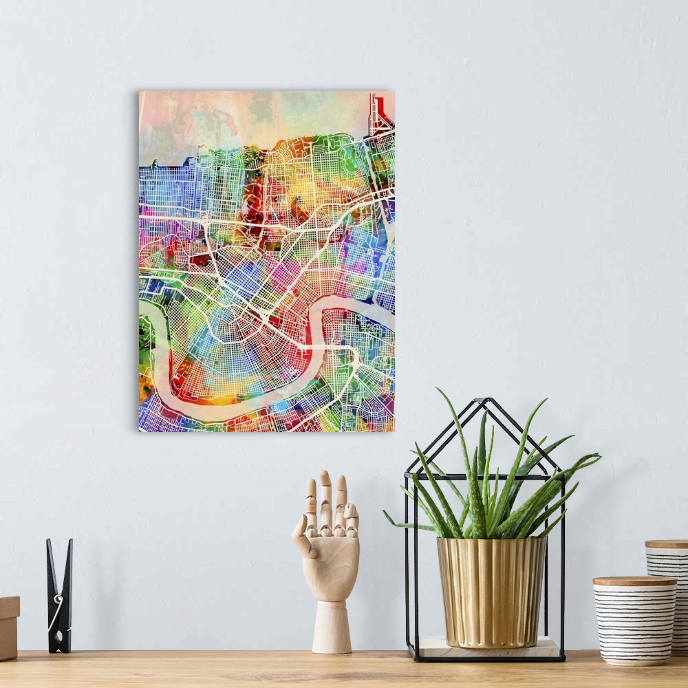 A bohemian room featuring Contemporary colorful city street map of New Orleans.
