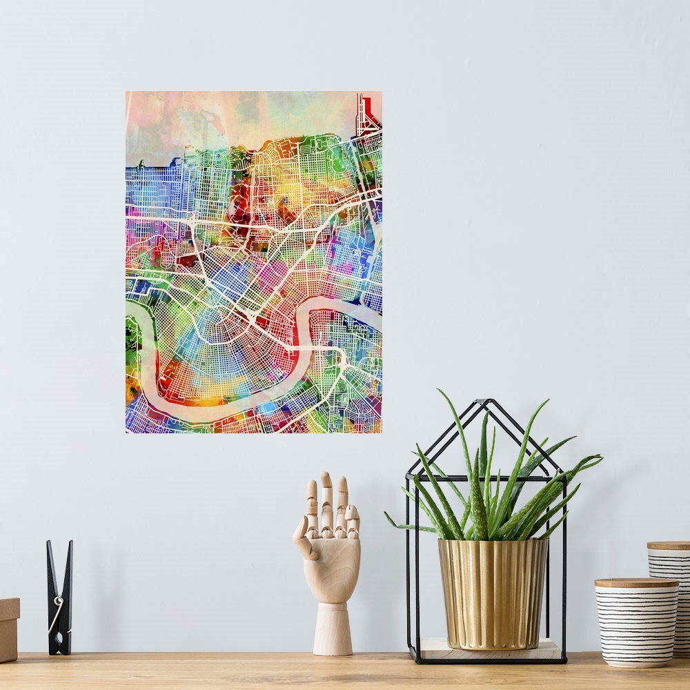 A bohemian room featuring Contemporary colorful city street map of New Orleans.