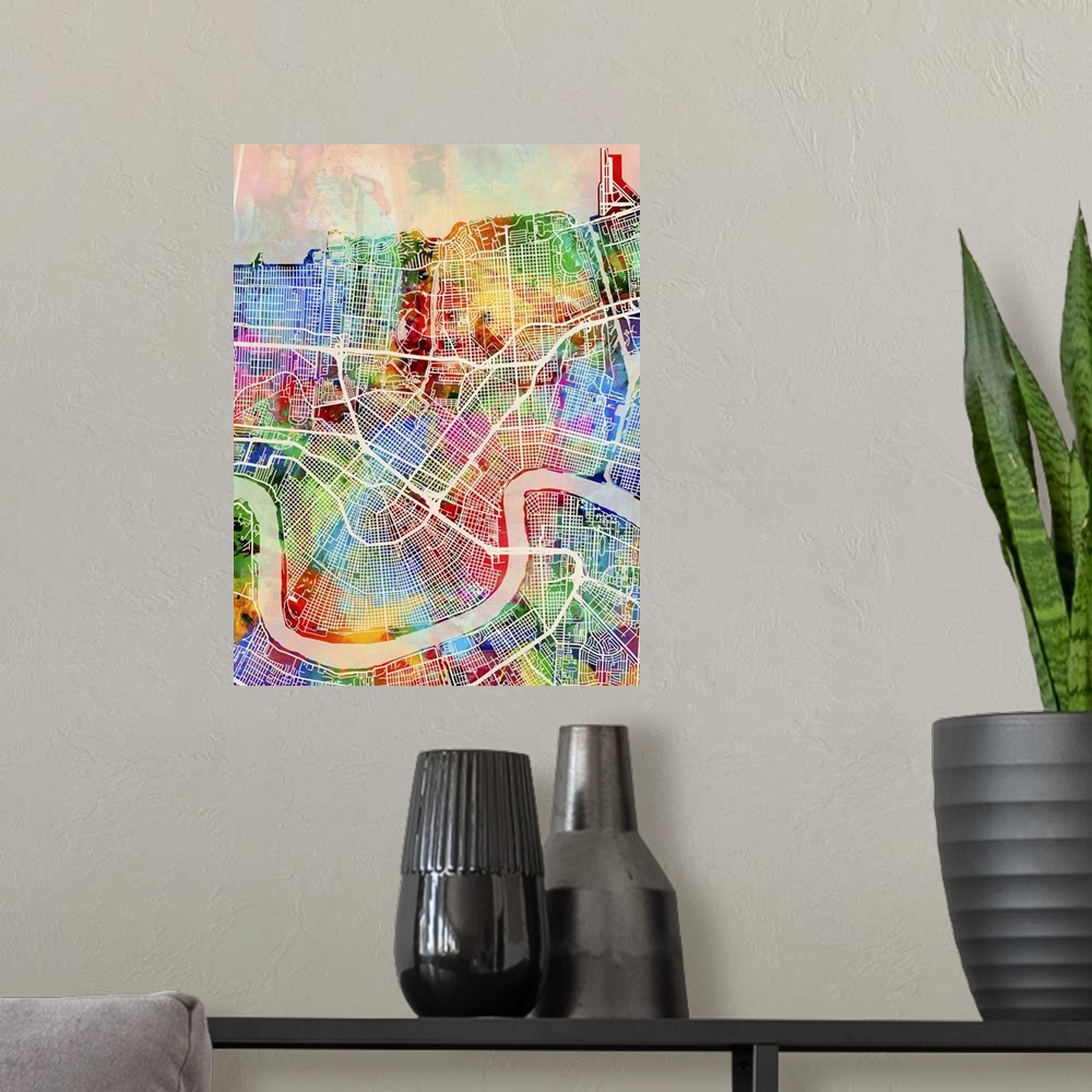 A modern room featuring Contemporary colorful city street map of New Orleans.