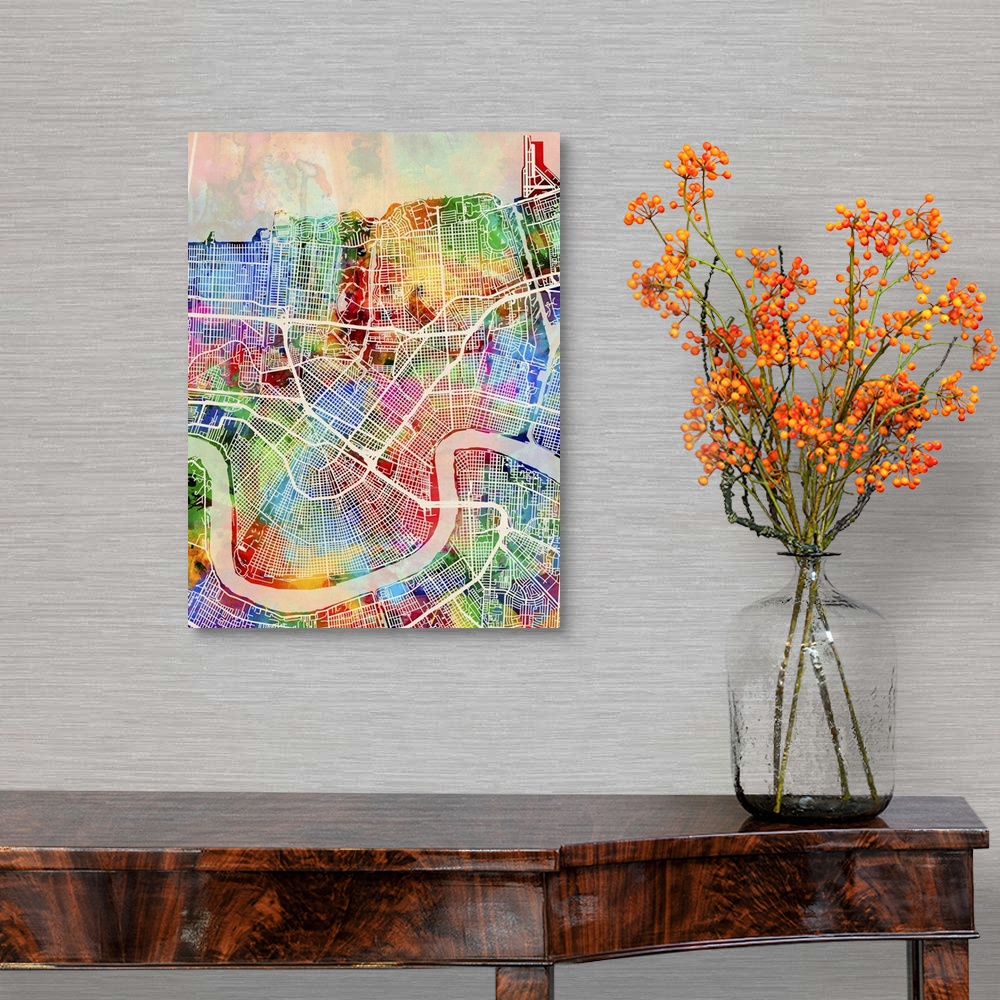 A traditional room featuring Contemporary colorful city street map of New Orleans.