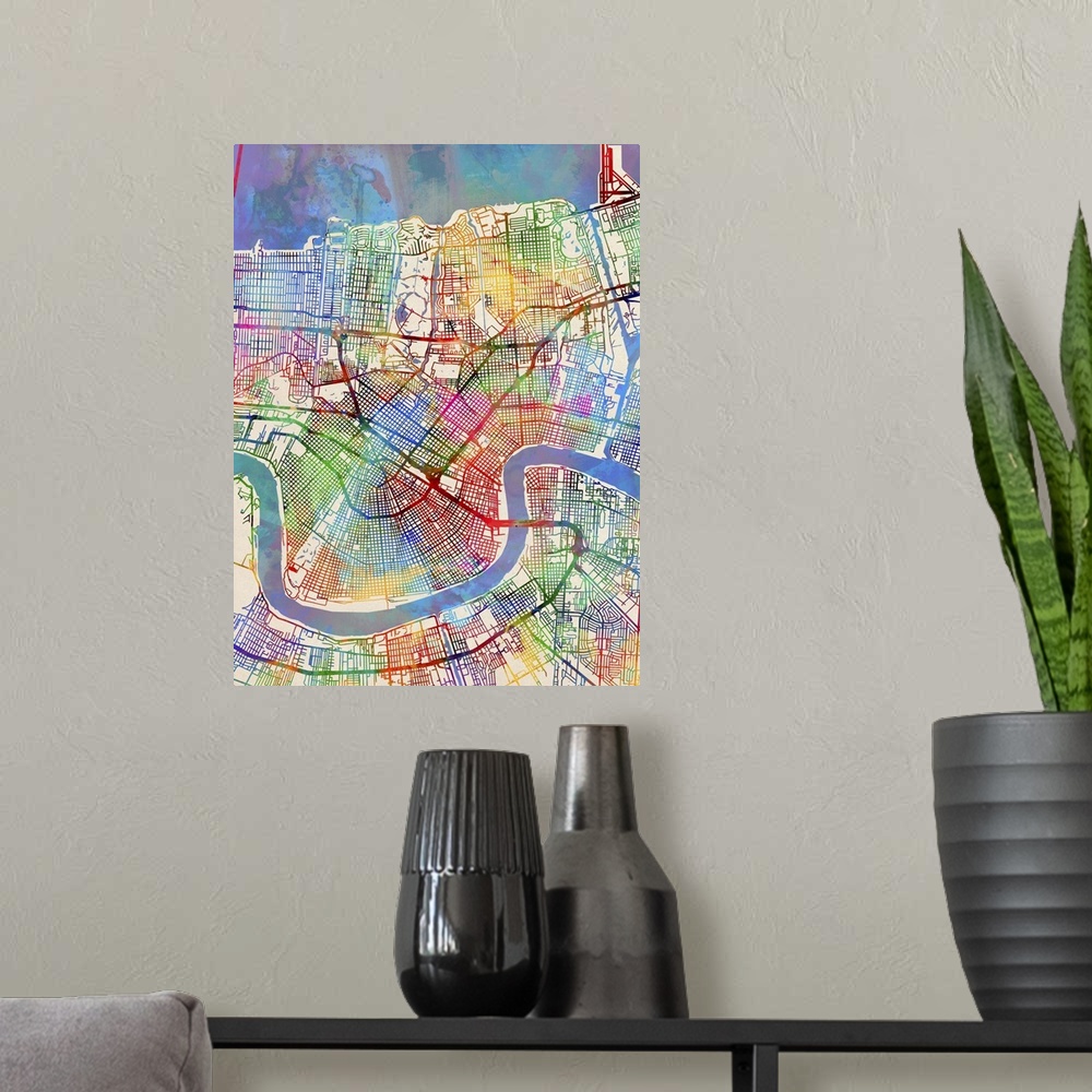 A modern room featuring Contemporary colorful city street map of New Orleans.