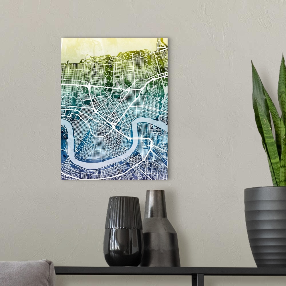 A modern room featuring Contemporary watercolor city street map of New Orleans.