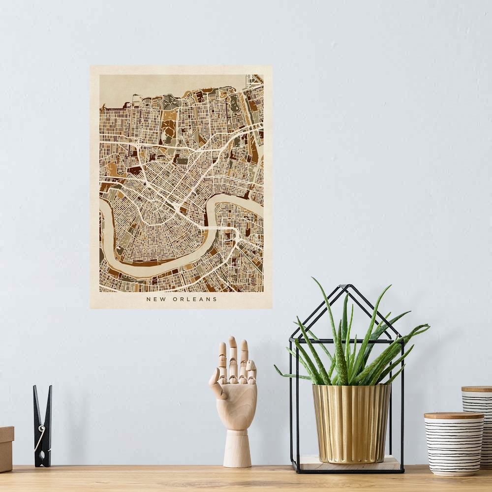A bohemian room featuring Brown toned city street map artwork of New Orleans.