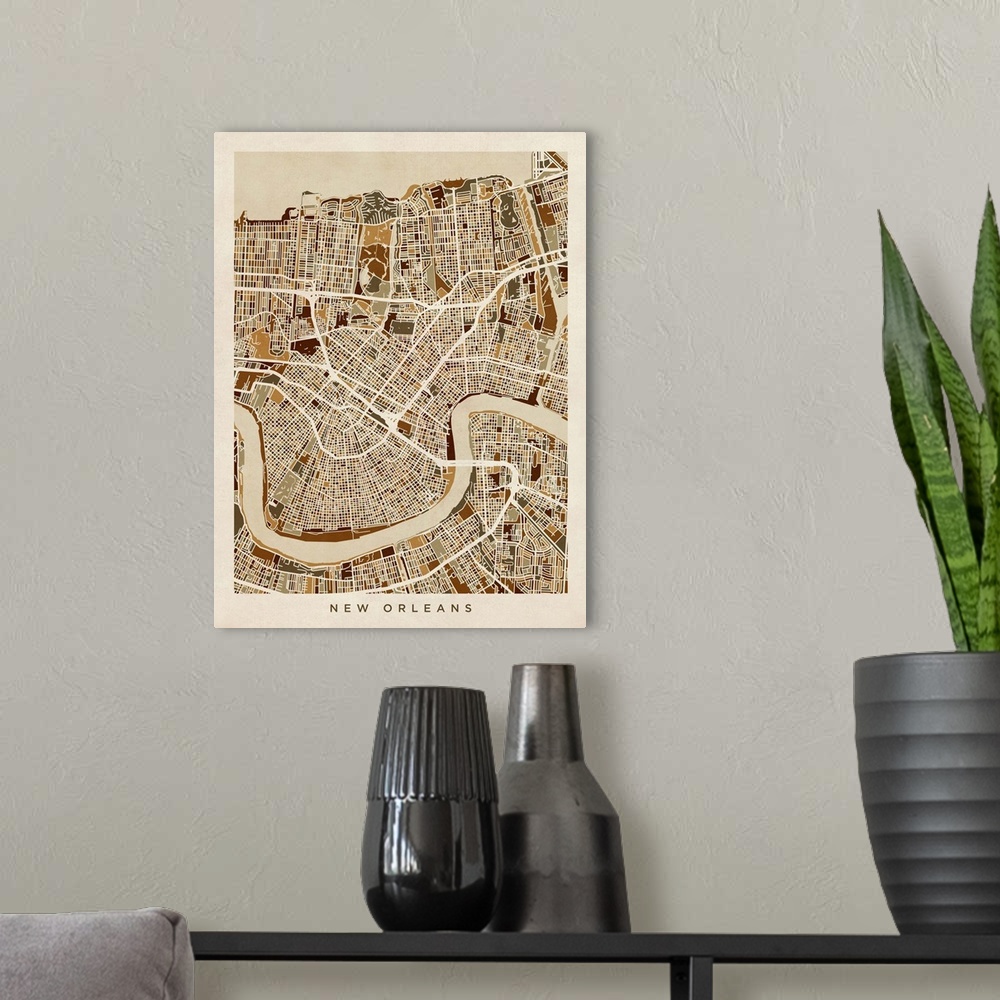 A modern room featuring Brown toned city street map artwork of New Orleans.