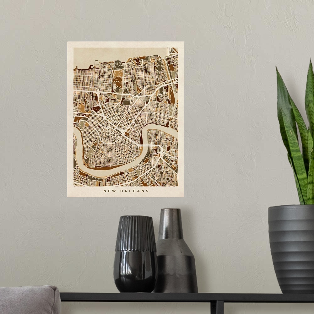 A modern room featuring Brown toned city street map artwork of New Orleans.